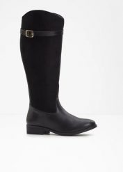 Kozaki z szeroką cholewką i ozdobną klamrą. Czarne kozaki bonprix, bez obcasa, bez zapięcia. Za 219.99 zł.