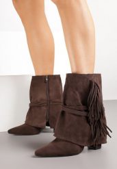 Brązowe Botki Boho z Cholewką Imitującą Nogawkę i Frędzlami Zaslie. Brązowe botki Renee, bez wzorów, z jeansu, bez obcasa, na obcasie, bez zapięcia. Za 159.99 zł.