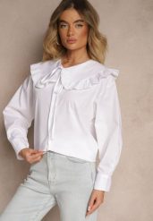 Biała Koszula z Bawełny w Stylu Retro z Wiązaniem i Kołnierzykiem z Falbankami Firsela. Białe koszule Renee, z aplikacjami, z bawełny, klasyczne, bez kołnierzyka, bez ramiączek. Za 89.99 zł.