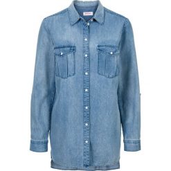 Długa koszula dżinsowa, długi rękaw bonprix jasnoniebieski. Niebieskie bluzki bonprix, bez wzorów, bez kołnierzyka, bez ramiączek. Za 74.99 zł.