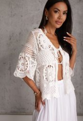 Biały Ażurowy Kardigan-Narzutka z Bawełny w Stylu Boho z Wiązaniem Panestra. Białe kardigany Renee, m, w ażurowe wzory, z bawełny. Za 79.99 zł.
