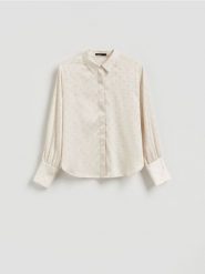 Koszula ze strasem - złamana biel. Koszule Reserved, l, bez wzorów, z tkaniny, bez kołnierzyka, bez ramiączek. Za 159.99 zł.
