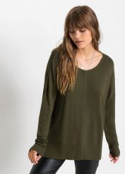 Sweter dzianinowy oversize z materiału z wiskozą. Zielone swetry bonprix, bez wzorów, z dzianiny, bez ramiączek. Za 107.99 zł.
