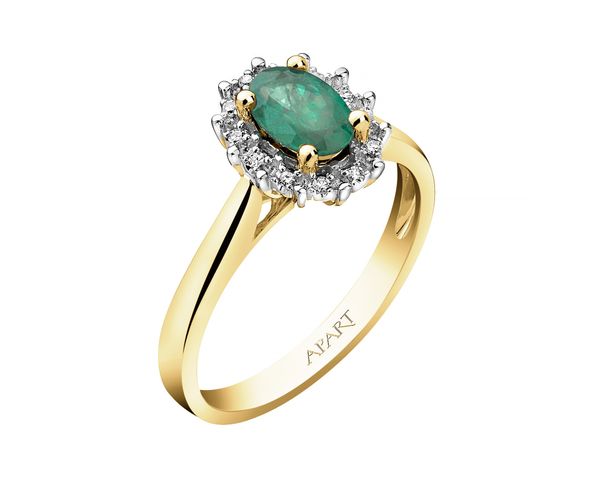 Pierścionek z żółtego złota z diamentami i szmaragdem - próba 585. Żółte pierścionki Apart, z diamentem, złote. Za 3,290.00 zł.