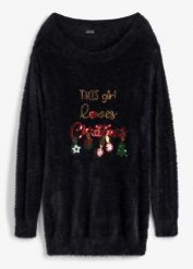 Sweter off-shoulder z bożonarodzeniowym motywem. Czarne swetry bonprix, bez wzorów, bez ramiączek. Za 149.99 zł.