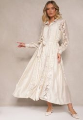 Beżowa Haftowana Wiskozowa Sukienka Rozkloszowana z Bawełną i Paskiem Zenvivi. Brązowe sukienki Renee, na co dzień, l, bez wzorów, z bawełny, eleganckie, bez kołnierzyka, bez ramiączek, maxi, koszulowe. Za 249.99 zł.