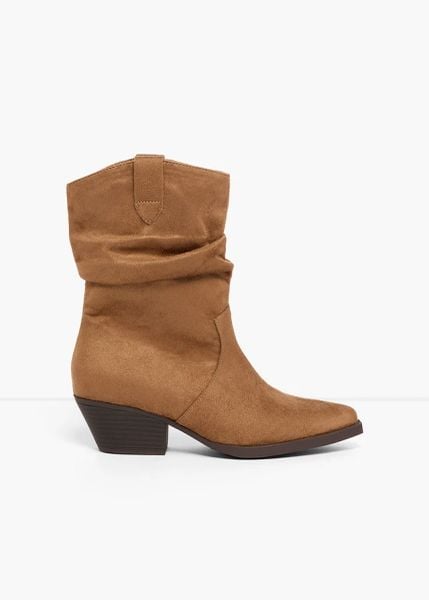 Botki kowbojki z marszczeniem. Brązowe botki bonprix, bez wzorów, bez obcasa, bez zapięcia. Za 169.99 zł.