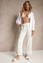 Białe Spodnie High Waist ze Sznurkiem Savurelle. Białe spodnie materiałowe Renee, na co dzień, m, z aplikacjami, z jeansu, z podwyższonym stanem. Za 39.99 zł.