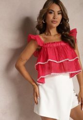 Fuksjowy Top na Ramiączkach z Falbankami i Możliwością Odpięcia Treviana. Czerwone topy Renee, l, bez wzorów, bez kołnierzyka, bez ramiączek. W wyprzedaży za 37.49 zł.