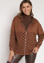 Brązowy Kardigan na Suwak z Kapturem i Geometrycznym Motywem Lunetusa. Brązowe kardigany Born2be, l, bez wzorów, z jeansu. Za 99.99 zł.