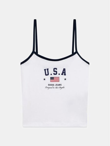 Guess Jeans Top W6YP20 K4202 Biały Slim Fit. Białe t-shirty Guess Jeans, xs, z aplikacjami, z bawełny, bez kołnierzyka, bez ramiączek. Za 129.99 zł.