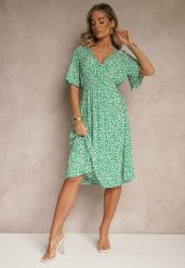 Zielona Rozkloszowana Sukienka z Bawełny Zdobiona Kwiatowym Printem Arirelle. Zielone sukienki Renee, na imprezę, na lato, l, z aplikacjami, z bawełny, eleganckie, bez kołnierzyka, bez ramiączek, midi, rozkloszowane. Za 49.99 zł.