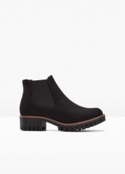 Sztyblety. Czarne botki bonprix, bez wzorów, bez obcasa, bez zapięcia. Za 169.99 zł.
