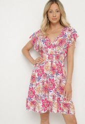 Fuksjowa Bawełniana Sukienka w Kwiaty z Kopertowym Dekoltem Rozkloszowana Jenovienna. Czerwone sukienki Born2be, na co dzień, l, bez wzorów, z bawełny, eleganckie, bez kołnierzyka, bez ramiączek, mini, kopertowe. Za 39.99 zł.