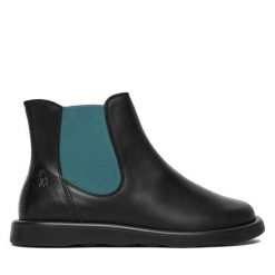 Sztyblety Fly London. Czarne botki Fly London, bez wzorów, bez obcasa, na płaskiej podeszwie, bez zapięcia. Za 529.99 zł.