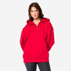 Bluza z kapturem damska Domyos Gym & Pilates Oversize. Czerwone bluzy DOMYOS, s, bez wzorów, z bawełny, z kapturem. Za 99.99 zł.
