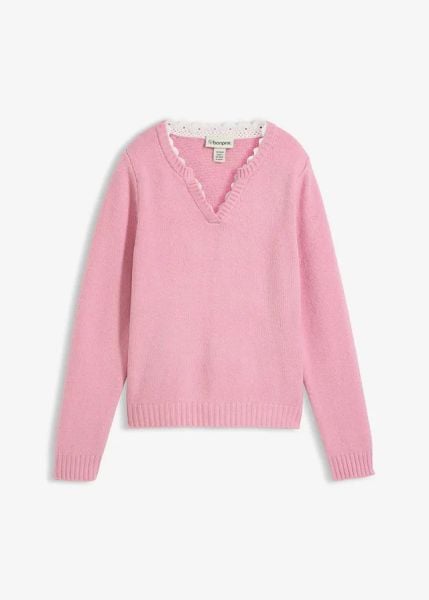 Sweter z koronkową wstawką. Czerwone swetry bonprix, bez wzorów, z koronki, bez ramiączek. Za 107.99 zł.
