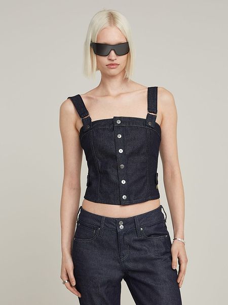 G-Star Top dżinsowy w kolorze granatowym rozmiar: S. Niebieskie topy G-Star, s, bez wzorów, z bawełny, bez kołnierzyka, bez ramiączek. Za 254.95 zł.