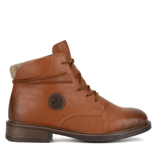 Trzewiki Rieker. Brązowe botki Rieker, bez wzorów, bez obcasa, na płaskiej podeszwie, bez zapięcia. Za 265.99 zł.