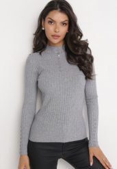 Szary Dopasowany Sweter Golf z Ozdobnymi Guzikami Oppanla. Szare golfy Born2be, z aplikacjami, z dzianiny, bez ramiączek. Za 49.99 zł.