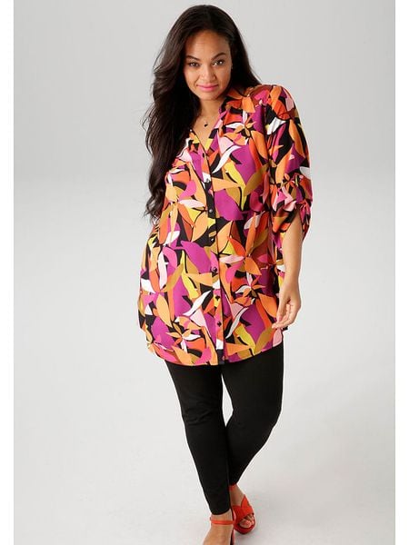 Aniston Bluzka w kolorze czarno-różowo-pomarańczowym rozmiar: 44. Pomarańczowe bluzki Aniston, bez wzorów, z wiskozy, bez kołnierzyka, bez ramiączek. Za 61.60 zł.