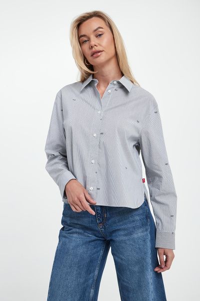 Koszula damska w paski Bhavani JOOP! JEANS. Koszule Joop! Jeans, xs, bez wzorów, z jeansu, bez kołnierzyka, bez ramiączek. Za 619.00 zł.