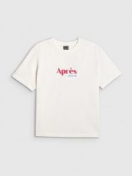 4F T-shirt boxy z nadrukiem damski - beżowy XS. Brązowe t-shirty 4f, xs, bez wzorów, z bawełny, bez kołnierzyka, bez ramiączek. Za 69.99 zł.