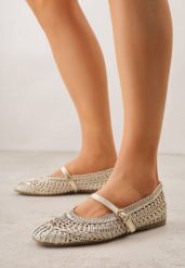 Złote Szydełkowe Balerinki z Paskiem z Klamerką Uroinne. Żółte baleriny Born2be, bez wzorów, z jeansu, bez obcasa. Za 119.99 zł.