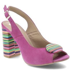 Sandały damskie Armodo, skórzane na wysokim obcasie z ozdobą i odkrytą piętą, fuksjowe, 1819. Czerwone sandały Armodo, z aplikacjami, z zamszu, bez obcasa, na obcasie, bez zapięcia. Za 299.00 zł.