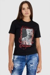 GUESS Czarny t-shirt damski z nadrukiem, Rozmiar XS. Czarne t-shirty Guess, s, z aplikacjami, bez kołnierzyka, bez ramiączek. W wyprzedaży za 119.99 zł.