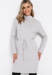 Jasnoszara Pudełkowa Sukienka Sweterkowa ze Ściągaczem Elenames. Szare sukienki Born2be, l, bez wzorów, bez kołnierzyka, bez ramiączek, mini. Za 89.99 zł.