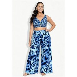 Damskie Spodnie palazzo zwierzęcy wzór szeroka nogawka elastyczny pas. Niebieskie spodnie dresowe Ulla Popken, plus size, bez wzorów, z materiału. Za 239.99 zł.