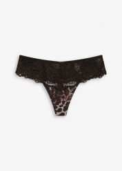 Stringi z delikatnej koronki. Czarne stringi bonprix, bez wzorów, z koronki. Za 39.99 zł.