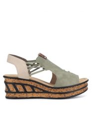 Rieker Sandały 68175-52 Zielony. Zielone sandały Rieker, bez wzorów, z materiału, bez obcasa, na koturnie, bez zapięcia. Za 259.99 zł.