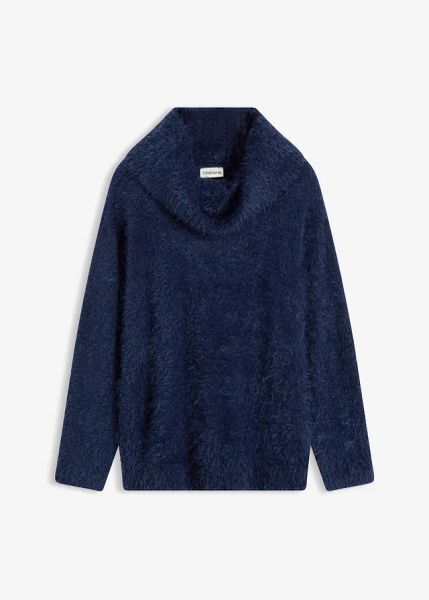 Sweter z golfem z miękkiej przędzy puchowej. Niebieskie golfy bonprix, bez wzorów, z puchu, bez ramiączek. Za 109.99 zł.