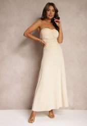Beżowa Rozkloszowana Spódnica High Waist z Marszczeniem w Pasie Nolisea. Brązowe spódnice Renee, l, bez wzorów, z materiału, maxi, rozkloszowane. Za 99.99 zł.