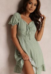 Jasnozielona Sukienka Síofra. Zielone sukienki Renee, na randkę, na lato, l, z aplikacjami, vintage, bez kołnierzyka, bez ramiączek, mini. Za 74.99 zł.