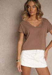 Ciemnobeżowy T-shirt z Bawełny z Dekoltem w Serek Linithiela. Brązowe t-shirty Renee, m, bez wzorów, z bawełny, bez kołnierzyka, bez ramiączek. Za 49.99 zł.