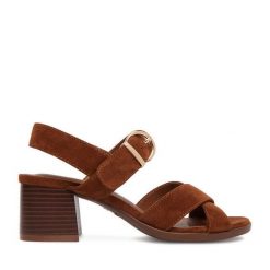 Sandały JENNY. Brązowe sandały Jenny, bez wzorów, bez obcasa, na słupku, bez zapięcia. Za 129.99 zł.