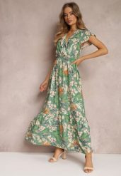Zielona Sukienka z Wiskozy Maxi w Kwiaty Mahiza. Zielone sukienki Renee, l, bez wzorów, z tkaniny, bez kołnierzyka, bez ramiączek, maxi, kopertowe. Za 49.99 zł.