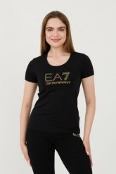 EA7 Czarny damski t-shirt z cyrkoniami, Rozmiar M. Czarne t-shirty EA7 Emporio Armani, m, bez wzorów, bez kołnierzyka, bez ramiączek. W wyprzedaży za 229.99 zł.