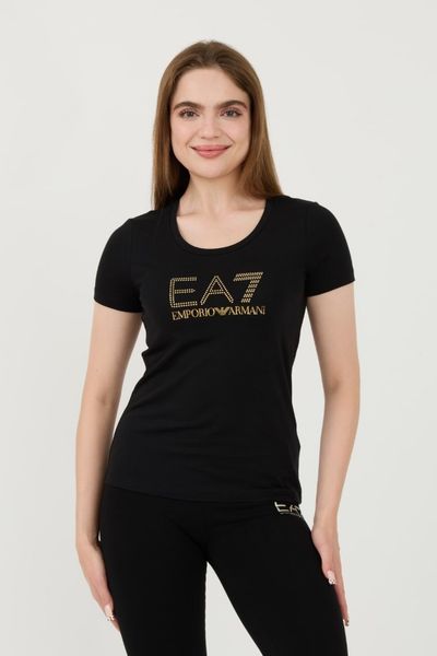 EA7 Czarny damski t-shirt z cyrkoniami, Rozmiar M. Czarne t-shirty EA7 Emporio Armani, m, bez wzorów, bez kołnierzyka, bez ramiączek. W wyprzedaży za 209.99 zł.