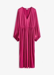 Sukienka midi z głębokim dekoltem. Czerwone sukienki bonprix, bez wzorów, eleganckie, bez kołnierzyka, bez ramiączek, midi. Za 89.99 zł.