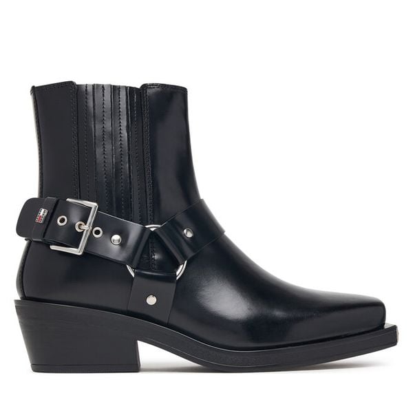 Botki Tommy Jeans. Czarne botki Tommy Jeans, bez wzorów, z jeansu, bez obcasa, na płaskiej podeszwie, bez zapięcia. Za 799.99 zł.