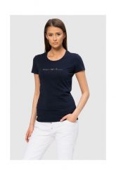 EMPORIO ARMANI Granatowy t-shirt damski z kryształkami, Rozmiar XS. Niebieskie t-shirty Emporio Armani, s, bez wzorów, prążkowane, bez kołnierzyka, bez ramiączek. W wyprzedaży za 179.99 zł.