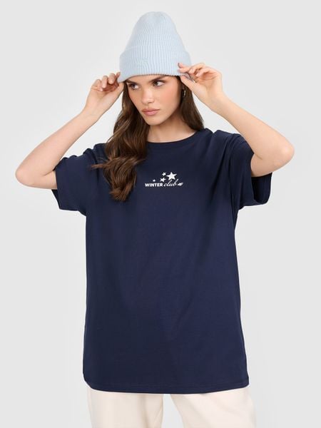 4F T-shirt oversize z nadrukiem damski - granatowy S. Niebieskie t-shirty 4f, s, bez wzorów, z dzianiny, bez kołnierzyka, bez ramiączek. W wyprzedaży za 39.99 zł.