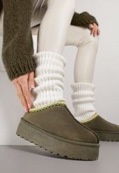 Zielone Śniegowce na Platformie z Niską Cholewką i Haftowanym Wzorem Zivilae. Zielone trapery i śniegowce Renee, z jeansu, przed kostkę. Za 99.99 zł.