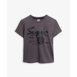 Damska dopasowana koszulka Superdry Band Merch. Szare bluzki Superdry, bez wzorów, bez kołnierzyka, bez ramiączek. W wyprzedaży za 127.20 zł.