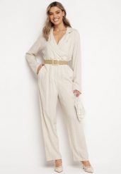 Jasnobeżowy Kombinezon z Kopertową Górą z Paskiem Plecionki i Dopasowanymi Nogawkami Ifnaa. Brązowe sukienki Born2be, l, bez wzorów, bez kołnierzyka, bez ramiączek, dopasowane. Za 79.99 zł.