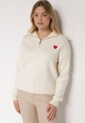 Biały Sweter z Bawełną Wiskozą i Wełną Ozdobiony Sercem Monissea. Białe golfy Born2be, m, bez wzorów, z bawełny, bez ramiączek. Za 129.99 zł.